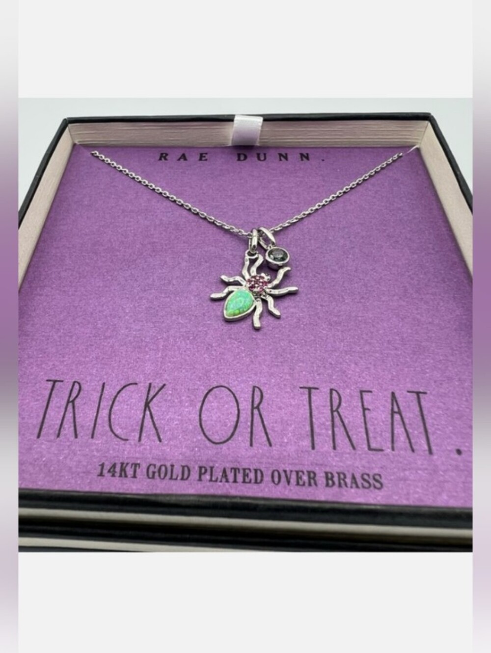 Rae Dunn Silver Spider Necklace with Green and Pink Stones Nwt Rae Dunn Gift Box